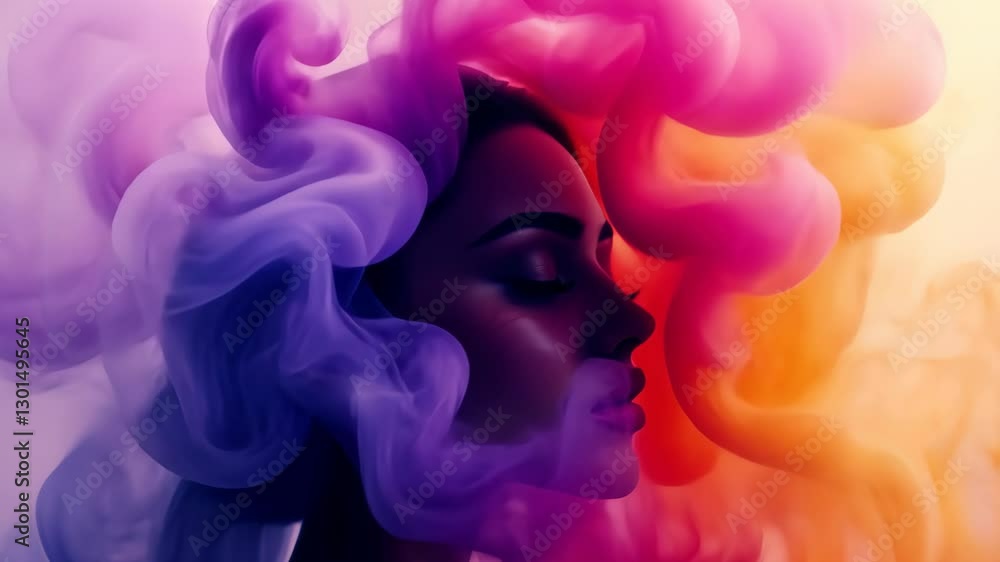 Poster vibrant psychedelic artwork featuring surreal abstract portrait with colorful clouds and dreamlike a