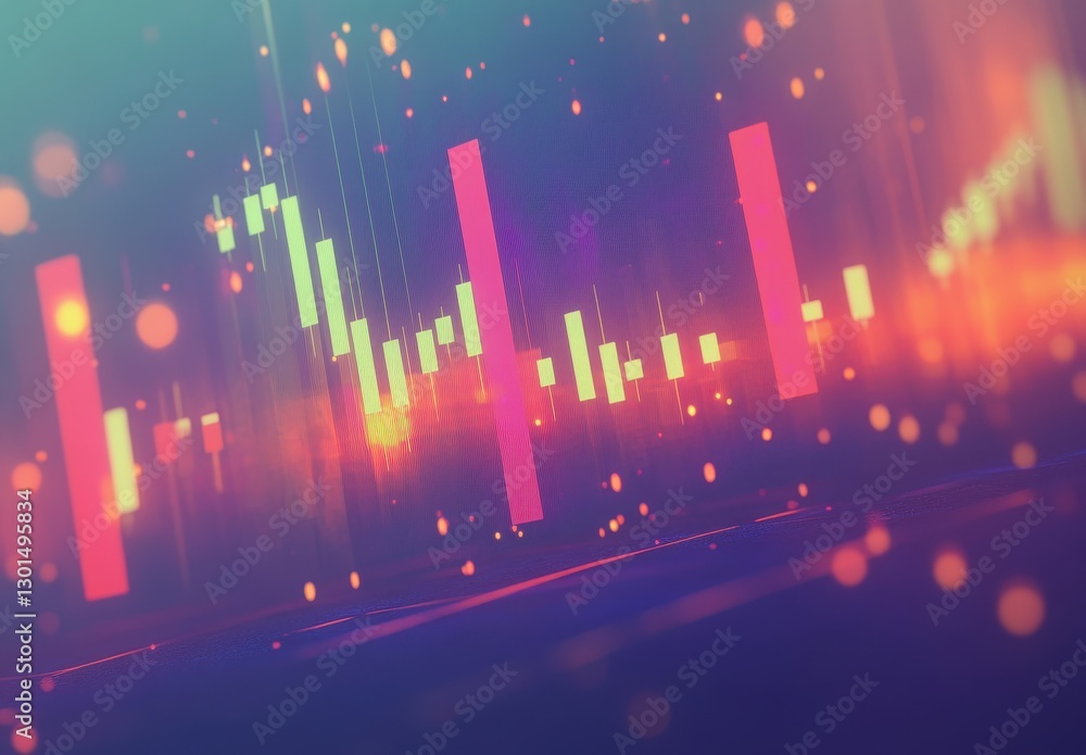 Poster abstract digital financial chart with candlestick patterns and colorful lights for economic data ana