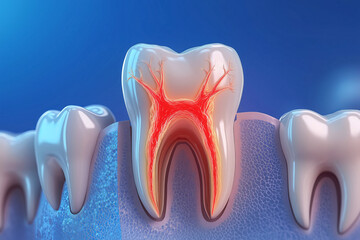 Toothache illustration. 3D tooth structure model. A detailed illustration shows decayed tooth with visible inflammation and damage, surrounded by healthy teeth, emphasizing dental health and anatomy.