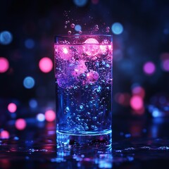 A close-up of neon purple bubbles clustering at the top of a glass filled with sparkling water. The glowing effect contrasts with the dark background