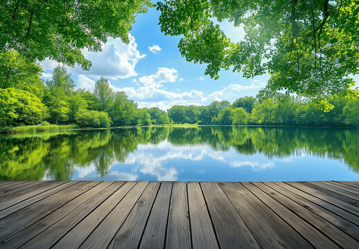 Wooden floor, green trees, and blue sky in the background, reflecting the natural landscape. A spring park with a lake and forest, in a wide format photograph