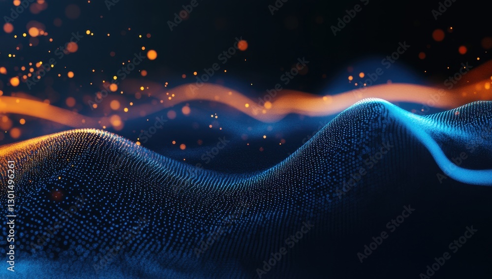 Poster abstract digital waves with glowing particles and radiant lights creating a mesmerizing visual repre