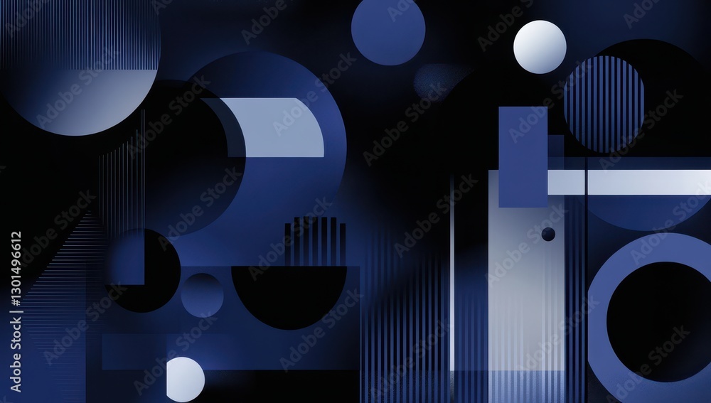 Poster abstract geometric design featuring circles, rectangles, and lines in a deep blue color palette with