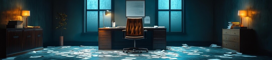 Messy Office Desk with Papers Scattered Around the Room. Generative AI