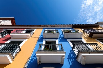 Fototapeta premium A captivating image of charming houses painted in vibrant colors, showcasing stunning balconies adorned with plants against a bright blue sky.