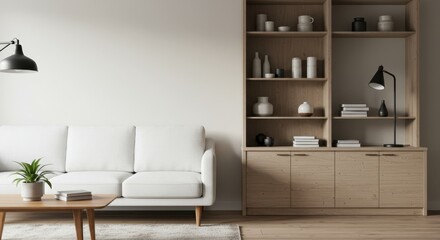 A minimalist living room with a sleek white sofa with wooden armrests positioned against a clean neutral-toned wall