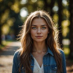 Obraz premium Young woman with light blonde hair and blue eyes, neutral expression, wearing a denim jacket and lace blouse, outdoors with blurred background