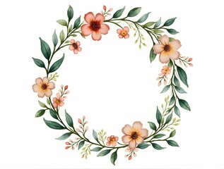 Fototapeta premium A delicate watercolor floral wreath with pink and purple flowers and green leaves, forming an oval frame on a white background.