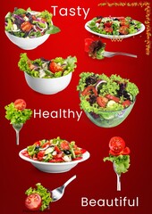 Fresh Greek Salad Advertisement, Vibrant Red Background, Healthy and Tasty Food Concept with Copy Space  

