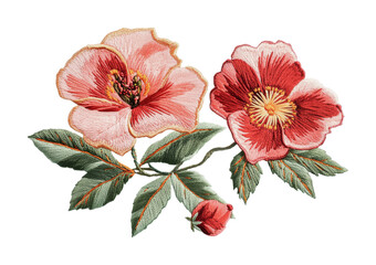Beautiful floral embroidery design featuring pink and red flowers with green leaves for decorative purposes, cut out