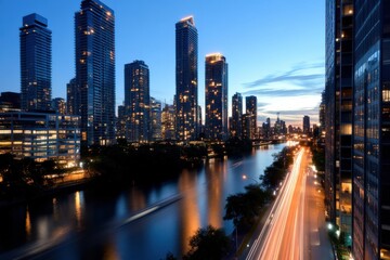 Obraz premium This enchanting twilight image captures the shimmering lights of skyscrapers beside a river, illustrating the dynamic relationship between nature and urban architecture.