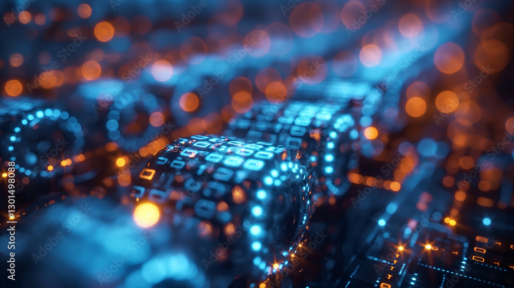 Aufkleber digital data stream blue orange glowing network, futuristic binary code background