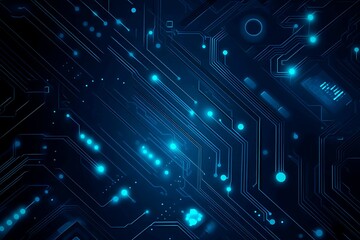Naklejka premium Abstract close-up of a glowing blue digital circuit board, showcasing intricate connections and technological design on a black background. 