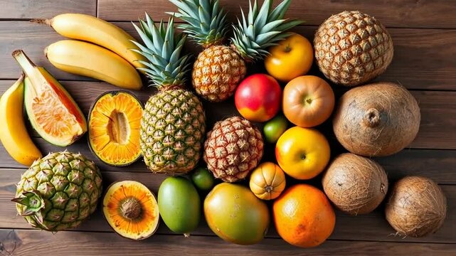 Vibrant assortment of tropical fruits bananas pineapples mangoes and coconuts presented on wood surface