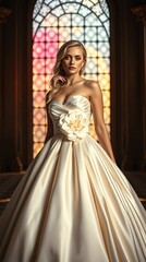 Fototapeta premium A high-fashion cinematic portrait: a stunning blonde Bride woman with delicate features and fair skin, wearing a deep-white satin ball gown With a big beautiful flower on the front of the dress.
