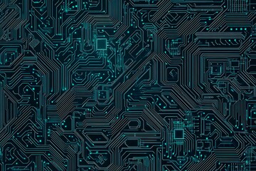 Abstract close-up of a glowing blue digital circuit board, showcasing intricate connections and technological design on a black background.
