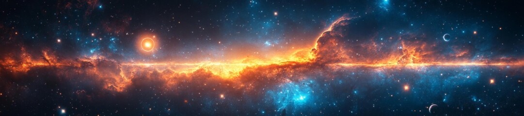 Fototapeta premium Cosmic Scene of a Bright Star Surrounded by Nebulae and Planets in a Dazzling Sky. Generative AI