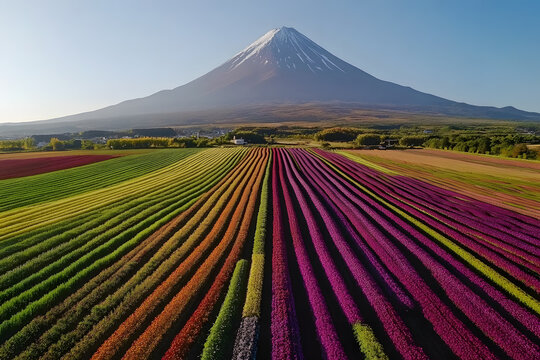 Snow-capped peak towers over vibrant fields of flowering plants; colorful landscape under a bright blue sky with distant trees and village; aerial view.