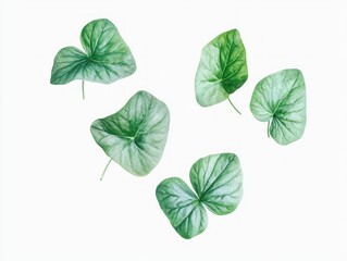 Five green leaves isolated on white background.