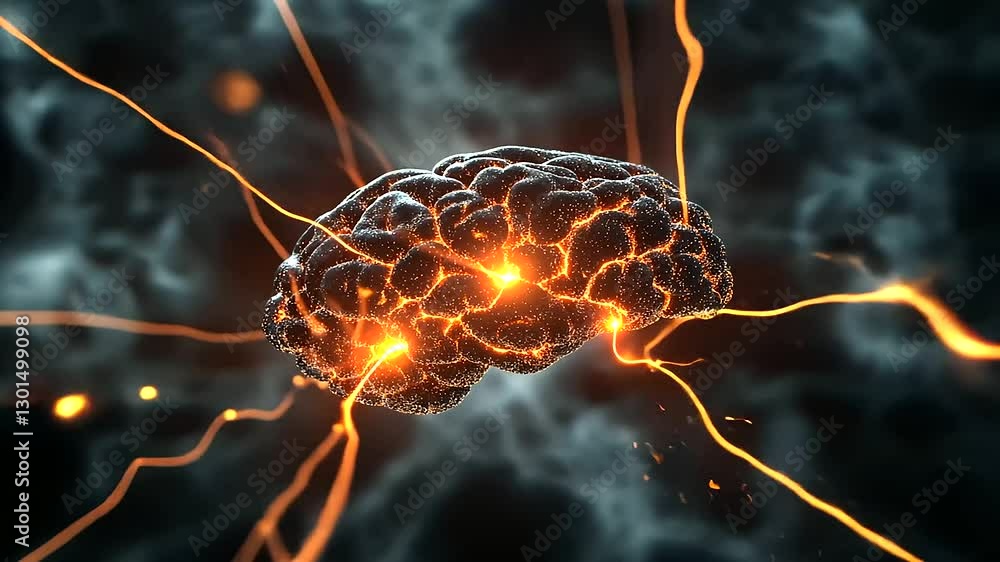 Poster glowing brain cells with illuminated neural pathways, sending electrical signals to represent though