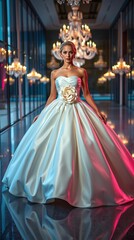 A high-fashion cinematic portrait: a stunning blonde Bride woman with delicate features and fair skin, wearing a deep-white satin ball gown With a big beautiful flower on the front of the dress.