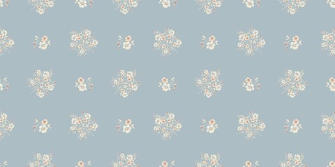 Pattern flowers seamless. Delicate, light flowers on a blue background. For fabric, paper gift, textile, fashion design, home decor. Vintage style, retro, boho