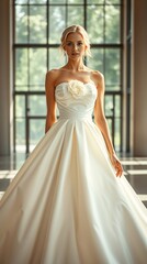 Fototapeta premium A high-fashion cinematic portrait: a stunning blonde Bride woman with delicate features and fair skin, wearing a deep-white satin ball gown With a big beautiful flower on the front of the dress.