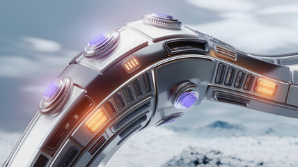 A sleek, metallic structure with AI interfaces embedded in its surface, pulsing with light.