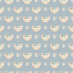 Pattern flowers seamless. Delicate, light flowers and Easter basket on a blue background. For fabric, paper gift, textile, fashion design, home decor. Vintage style, retro, boho