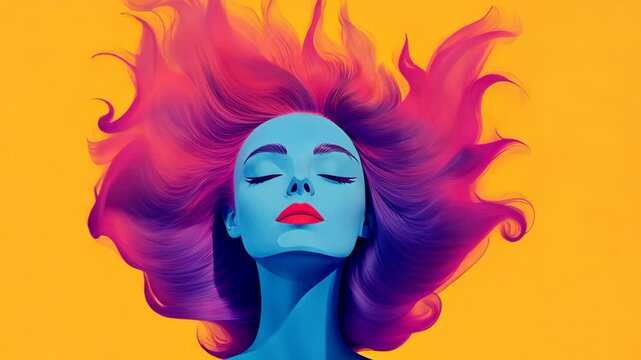 Psychedelic Portrait of Woman Experiencing Music Therapy with Flowing Hair in Vibrant Colors, Expressive Art Style, Meditation and Relaxation Concept, Ideal for Creative and Therapeutic Designs