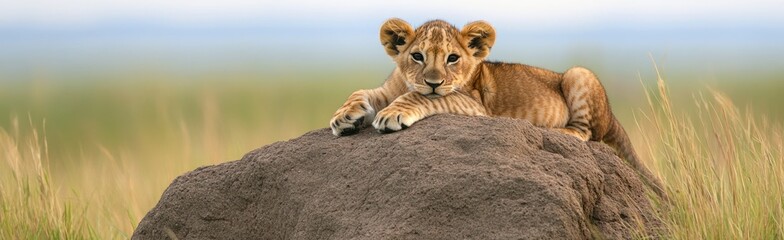 Obraz premium Adorable Lion Cub Resting on an Earthen Mound in the African Savanna