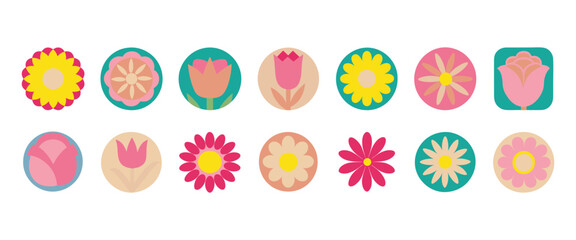 colorful flower icon set vector, spring collection flower symbol on white