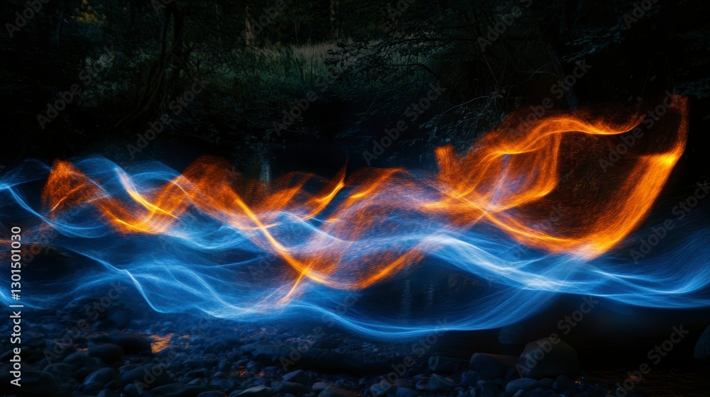 Aufkleber abstract fire and water flowing over rocks in a dark forest. possible use background image for abstr