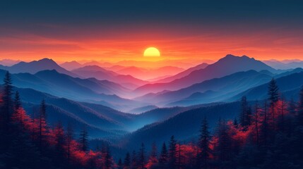 Obraz premium Stunning Sunset Over Rolling Hills with Fiery Sky. Generative AI