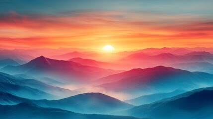 Fototapeta premium Majestic Sunset Over Mountain Range with Misty Horizon. Generative AI