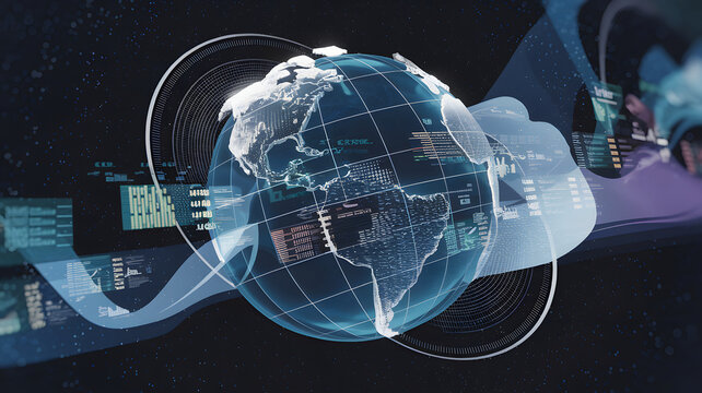 A massive virtual globe rotating in space, with AI algorithms analyzing data from different regions.
