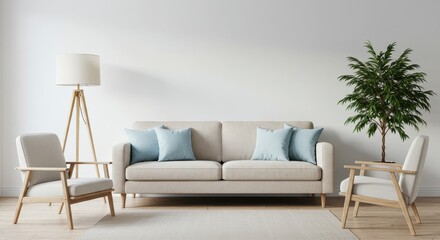 Obraz premium A bright and airy living room featuring a plush beige fabric sofa with soft blue accent cushions placed against a crisp white wall