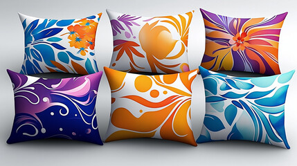 Obraz premium Colorful decorative throw pillows with floral patterns in vibrant colors on a light background
