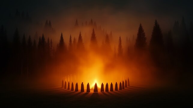 Mysterious gathering around a bright fire in a foggy forest at dusk with hooded figures in silhouette