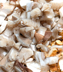 Close up of raw sliced and chopped mixed mushrooms fungi