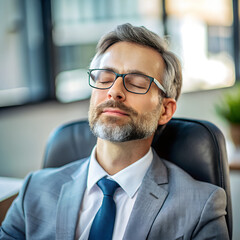 Businessman in jacket close up breathing and resting relaxing, man with closed eyes at workplace inside office wearing glasses