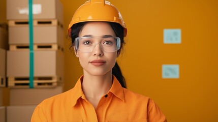 Professional female worker in safety gear poses confidently in a warehouse setting with boxes in the background