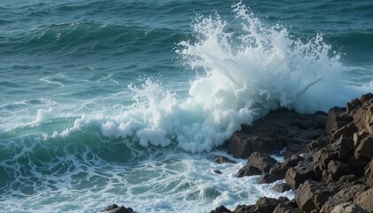 Fototapeta premium Crashing ocean waves rocky shoreline nature photography seaside environment close-up view natural beauty