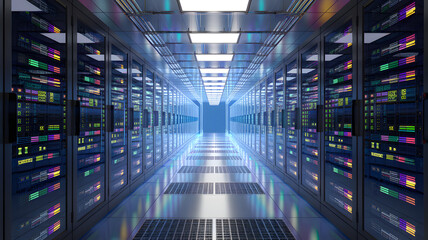 A futuristic AI data center with rows of glowing, multi-colored servers.