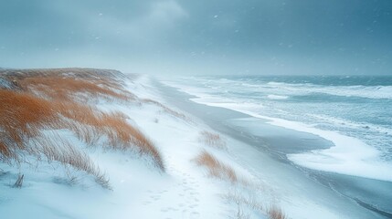 Fototapeta premium Snowstorm Impacting a Beach with Snow-covered Sand and Windswept Grass. Generative AI