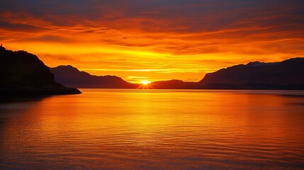 Spectacular Fiery Sunset Over Calm Ocean Water Mountains Silhouette Golden Hour Dramatic Sky Nature Landscape Photography Scenic View Beautiful Orange