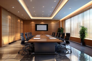 Modern meeting room interior with sleek design and professional ambiance. AI generated illustration.