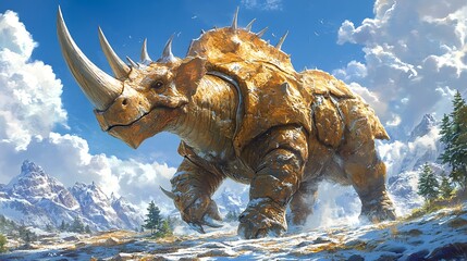 Armored Creature Stomping Through Snowy Mountains