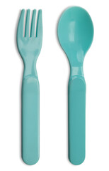 Baby plastic spoon and fork, blue light small spoon and fork for children isolated