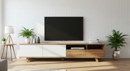 Fototapeta premium A contemporary living room featuring a sleek white and wood TV console placed against a crisp white wall with subtle vertical paneling